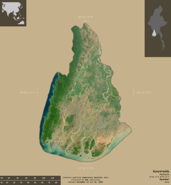 Ayeyarwady, Myanmar Bölümü. Sentinel-2 uydu görüntüleri. Bilgilendirici örtülerle sağlam arkaplanda izole edilmiş şekil. Değiştirilmiş Kopernik Sentinel verileri içerir