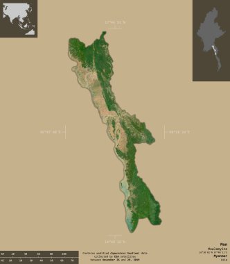 Mon, Myanmar Eyaleti. Sentinel-2 uydu görüntüleri. Bilgilendirici örtülerle sağlam arkaplanda izole edilmiş şekil. Değiştirilmiş Kopernik Sentinel verileri içerir