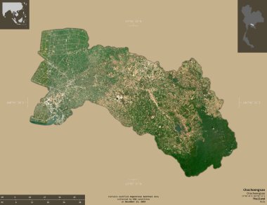 Chachoengsao, Tayland vilayeti. Sentinel-2 uydu görüntüleri. Bilgilendirici örtülerle sağlam arkaplanda izole edilmiş şekil. Değiştirilmiş Kopernik Sentinel verileri içerir