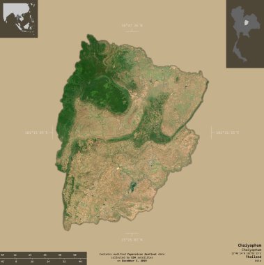 Chaiyaphum, Tayland vilayeti. Sentinel-2 uydu görüntüleri. Bilgilendirici örtülerle sağlam arkaplanda izole edilmiş şekil. Değiştirilmiş Kopernik Sentinel verileri içerir