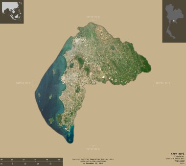 Chon Buri, Tayland vilayeti. Sentinel-2 uydu görüntüleri. Bilgilendirici örtülerle sağlam arkaplanda izole edilmiş şekil. Değiştirilmiş Kopernik Sentinel verileri içerir