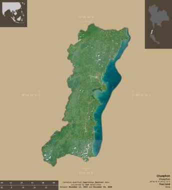 Chumphon, Tayland vilayeti. Sentinel-2 uydu görüntüleri. Bilgilendirici örtülerle sağlam arkaplanda izole edilmiş şekil. Değiştirilmiş Kopernik Sentinel verileri içerir