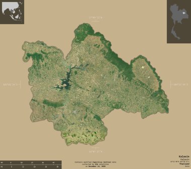 Kalasin, Tayland vilayeti. Sentinel-2 uydu görüntüleri. Bilgilendirici örtülerle sağlam arkaplanda izole edilmiş şekil. Değiştirilmiş Kopernik Sentinel verileri içerir
