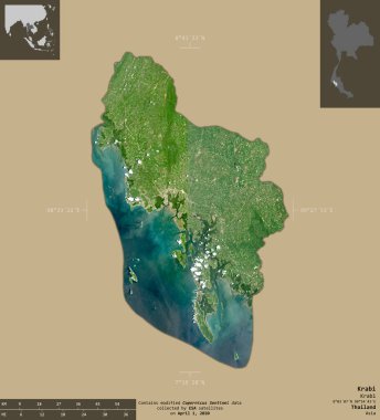 Krabi, Tayland vilayeti. Sentinel-2 uydu görüntüleri. Bilgilendirici örtülerle sağlam arkaplanda izole edilmiş şekil. Değiştirilmiş Kopernik Sentinel verileri içerir