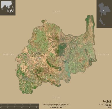 Lop Buri, Tayland vilayeti. Sentinel-2 uydu görüntüleri. Bilgilendirici örtülerle sağlam arkaplanda izole edilmiş şekil. Değiştirilmiş Kopernik Sentinel verileri içerir