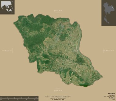Mukdahan, Tayland vilayeti. Sentinel-2 uydu görüntüleri. Bilgilendirici örtülerle sağlam arkaplanda izole edilmiş şekil. Değiştirilmiş Kopernik Sentinel verileri içerir