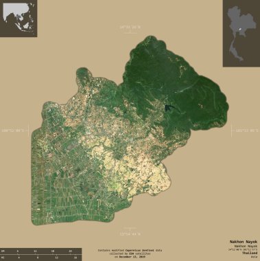 Nakhon Nayok, Tayland vilayeti. Sentinel-2 uydu görüntüleri. Bilgilendirici örtülerle sağlam arkaplanda izole edilmiş şekil. Değiştirilmiş Kopernik Sentinel verileri içerir