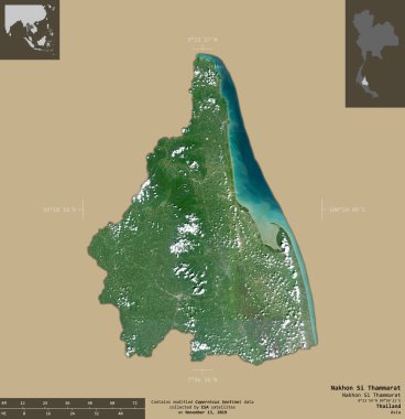 Nakhon Si Thammarat, Tayland vilayeti. Sentinel-2 uydu görüntüleri. Bilgilendirici örtülerle sağlam arkaplanda izole edilmiş şekil. Değiştirilmiş Kopernik Sentinel verileri içerir
