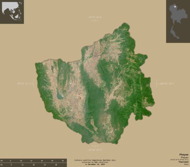 Phayao, Tayland vilayeti. Sentinel-2 uydu görüntüleri. Bilgilendirici örtülerle sağlam arkaplanda izole edilmiş şekil. Değiştirilmiş Kopernik Sentinel verileri içerir