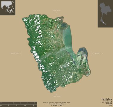 Phatthalung, Tayland ili. Sentinel-2 uydu görüntüleri. Bilgilendirici örtülerle sağlam arkaplanda izole edilmiş şekil. Değiştirilmiş Kopernik Sentinel verileri içerir