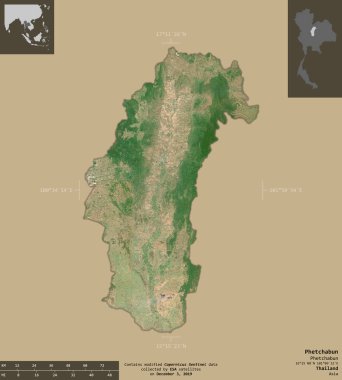 Phetchabun, Tayland vilayeti. Sentinel-2 uydu görüntüleri. Bilgilendirici örtülerle sağlam arkaplanda izole edilmiş şekil. Değiştirilmiş Kopernik Sentinel verileri içerir