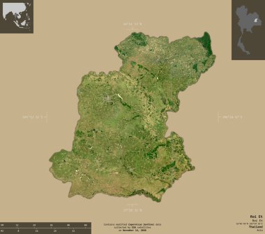 Roi Et, Tayland vilayeti. Sentinel-2 uydu görüntüleri. Bilgilendirici örtülerle sağlam arkaplanda izole edilmiş şekil. Değiştirilmiş Kopernik Sentinel verileri içerir