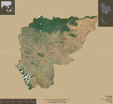 Sa Kaeo, Tayland vilayeti. Sentinel-2 uydu görüntüleri. Bilgilendirici örtülerle sağlam arkaplanda izole edilmiş şekil. Değiştirilmiş Kopernik Sentinel verileri içerir