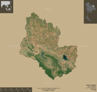 Sakon Nakhon, Tayland vilayeti. Sentinel-2 uydu görüntüleri. Bilgilendirici örtülerle sağlam arkaplanda izole edilmiş şekil. Değiştirilmiş Kopernik Sentinel verileri içerir