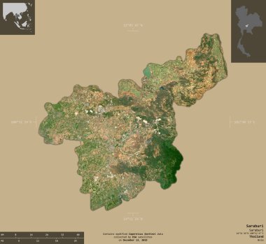 Saraburi, Tayland vilayeti. Sentinel-2 uydu görüntüleri. Bilgilendirici örtülerle sağlam arkaplanda izole edilmiş şekil. Değiştirilmiş Kopernik Sentinel verileri içerir