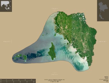 Satun, Tayland vilayeti. Sentinel-2 uydu görüntüleri. Bilgilendirici örtülerle sağlam arkaplanda izole edilmiş şekil. Değiştirilmiş Kopernik Sentinel verileri içerir