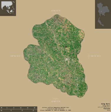 Sing Buri, Tayland vilayeti. Sentinel-2 uydu görüntüleri. Bilgilendirici örtülerle sağlam arkaplanda izole edilmiş şekil. Değiştirilmiş Kopernik Sentinel verileri içerir