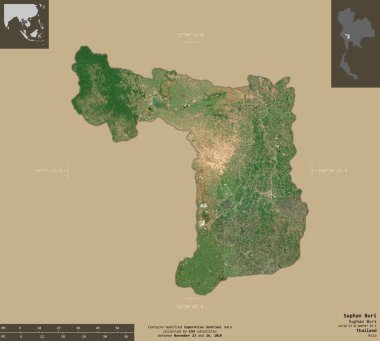 Suphan Buri, Tayland vilayeti. Sentinel-2 uydu görüntüleri. Bilgilendirici örtülerle sağlam arkaplanda izole edilmiş şekil. Değiştirilmiş Kopernik Sentinel verileri içerir