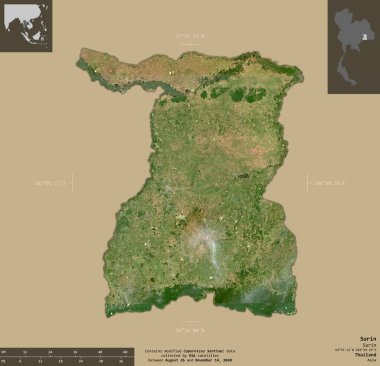 Surin, Tayland eyaleti. Sentinel-2 uydu görüntüleri. Bilgilendirici örtülerle sağlam arkaplanda izole edilmiş şekil. Değiştirilmiş Kopernik Sentinel verileri içerir
