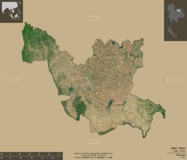 Udon Thani, Tayland vilayeti. Sentinel-2 uydu görüntüleri. Bilgilendirici örtülerle sağlam arkaplanda izole edilmiş şekil. Değiştirilmiş Kopernik Sentinel verileri içerir