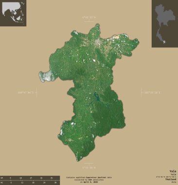 Yala, Tayland vilayeti. Sentinel-2 uydu görüntüleri. Bilgilendirici örtülerle sağlam arkaplanda izole edilmiş şekil. Değiştirilmiş Kopernik Sentinel verileri içerir