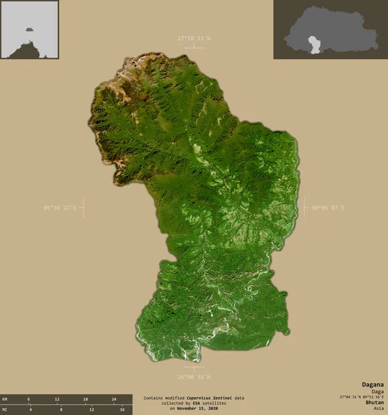 Dagana Distretto Del Bhutan Immagini Satellitari Sentinel Forma Isolata Fondo — Foto Stock