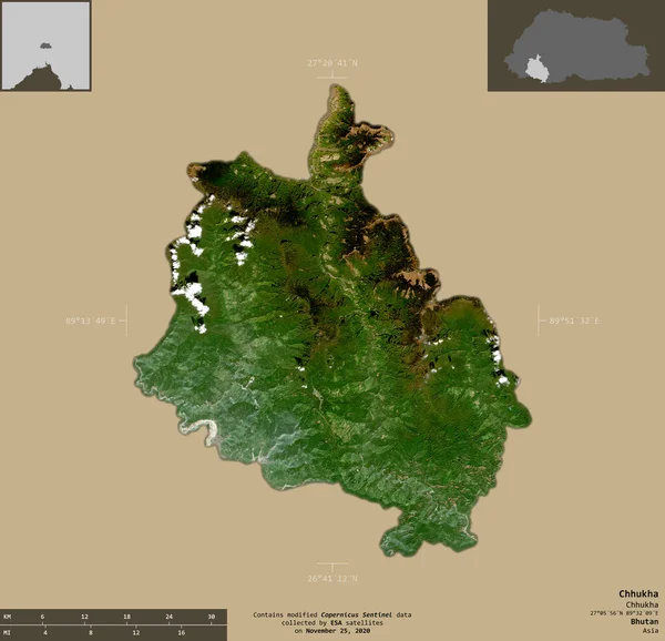 Chhukha Distretto Del Bhutan Immagini Satellitari Sentinel Forma Isolata Fondo — Foto Stock