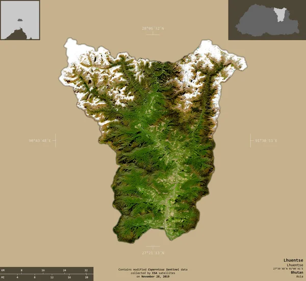 Lhuentse District Bhutan Sentinel Satellite Imagery Shape Isolated Solid Background — Stock Photo, Image