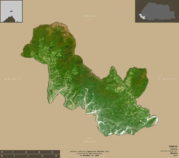 サムツェ ブータンの地区 センチネル 2衛星画像 有益なオーバーレイと固体背景に隔離形状 修正されたコペルニクスセンチネルデータが含まれています — ストック写真
