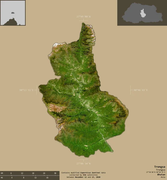 Trongsa Distrito Bután Imágenes Satelitales Sentinel Forma Aislada Sobre Fondo —  Fotos de Stock