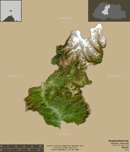 Wangduephodrang Distrito Bután Imágenes Satelitales Sentinel Forma Aislada Sobre Fondo —  Fotos de Stock