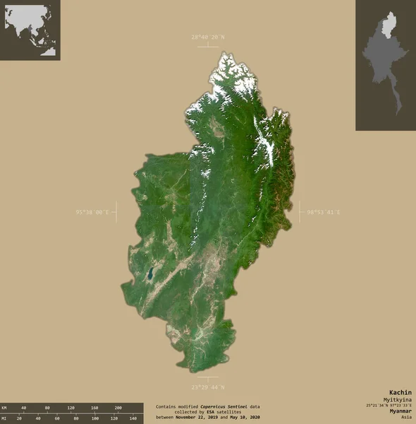 Kachin Estado Myanmar Imágenes Satelitales Sentinel Forma Aislada Sobre Fondo —  Fotos de Stock