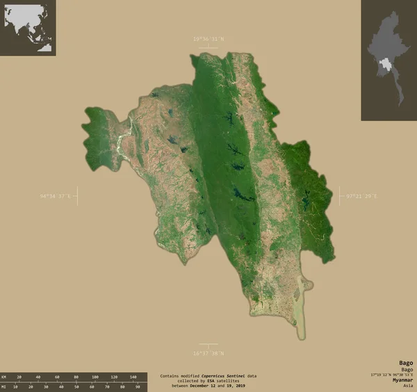 Bago División Myanmar Imágenes Satelitales Sentinel Forma Aislada Sobre Fondo —  Fotos de Stock