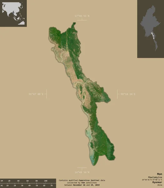 Mon Staat Myanmar Sentinel Satellietbeelden Vorm Geïsoleerd Solide Achtergrond Met — Stockfoto