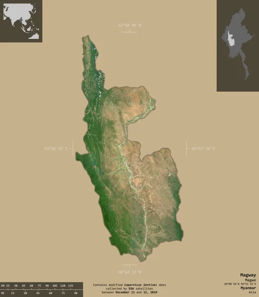 Magway Mianmari Körzet Sentinel Műholdképek Alakzat Elszigetelt Szilárd Háttér Informatív — Stock Fotó