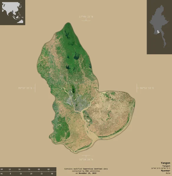 Yangón División Myanmar Imágenes Satelitales Sentinel Forma Aislada Sobre Fondo — Foto de Stock