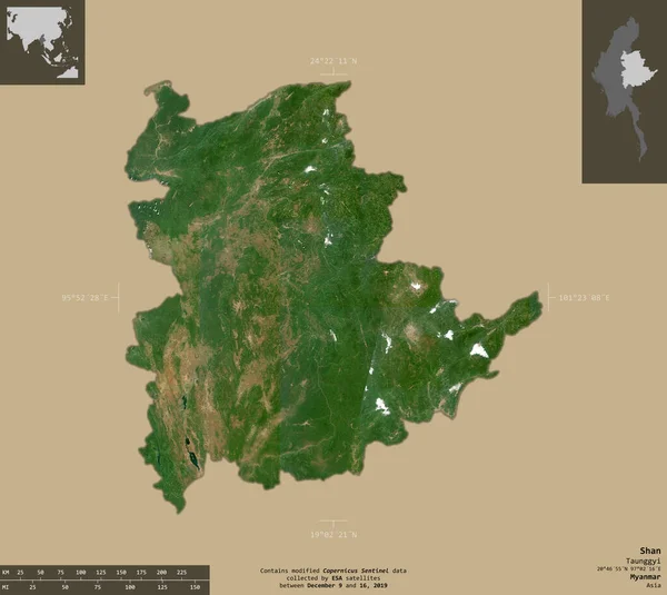 ミャンマーのシャン州 センチネル 2衛星画像 有益なオーバーレイと固体背景に隔離形状 修正されたコペルニクスセンチネルデータが含まれています — ストック写真