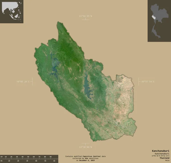 Kanchanaburi Provincia Della Thailandia Immagini Satellitari Sentinel Forma Isolata Fondo — Foto Stock