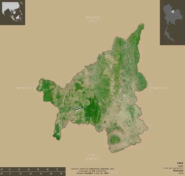 Loei Provincia Della Thailandia Immagini Satellitari Sentinel Forma Isolata Fondo — Foto Stock