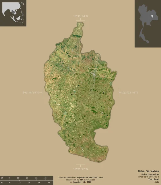 Maha Sarakham Provincia Della Thailandia Immagini Satellitari Sentinel Forma Isolata — Foto Stock