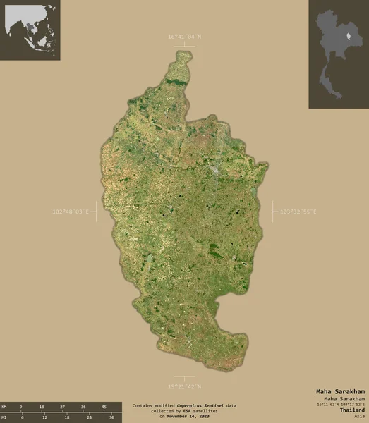 Maha Sarakham Provincia Tailandia Imágenes Satelitales Sentinel Forma Aislada Sobre — Foto de Stock