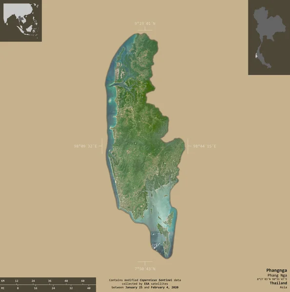 Phangnga Prowincja Tajlandii Zdjęcia Satelitarne Sentinela Kształt Odizolowany Solidnym Tle — Zdjęcie stockowe