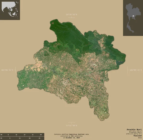 Prachin Buri Provinsen Thailand Satellitbilder Från Sentinel Form Isolerad Solid — Stockfoto