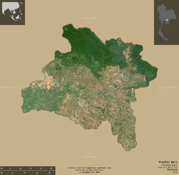 Prachin Buri Provincia Tailandia Imágenes Satelitales Sentinel Forma Aislada Sobre — Foto de Stock