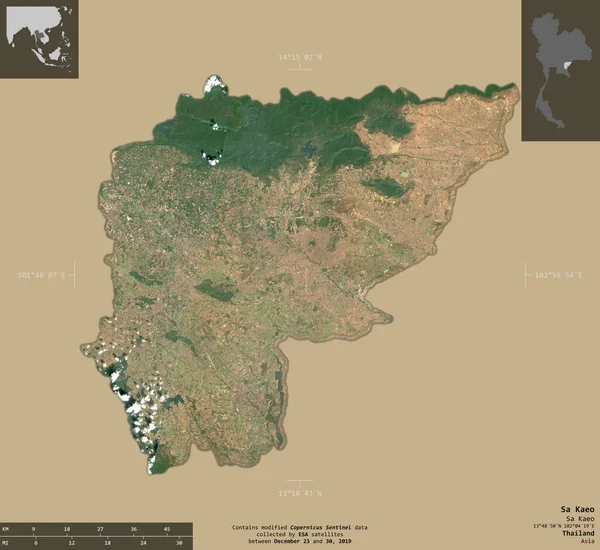 タイ王国のサカイオ州 センチネル 2衛星画像 有益なオーバーレイと固体背景に隔離形状 修正されたコペルニクスセンチネルデータが含まれています — ストック写真