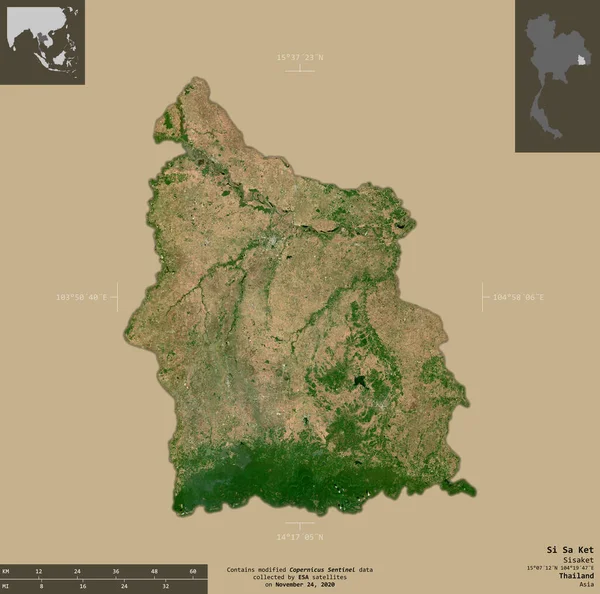 タイ王国のSi Ket州 センチネル 2衛星画像 有益なオーバーレイと固体背景に隔離形状 修正されたコペルニクスセンチネルデータが含まれています — ストック写真