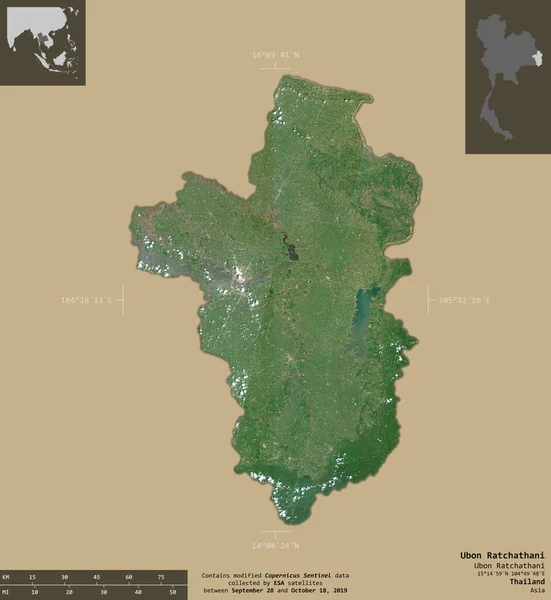 Ubon Ratchathani Provincia Tailandia Imágenes Satelitales Sentinel Forma Aislada Sobre —  Fotos de Stock