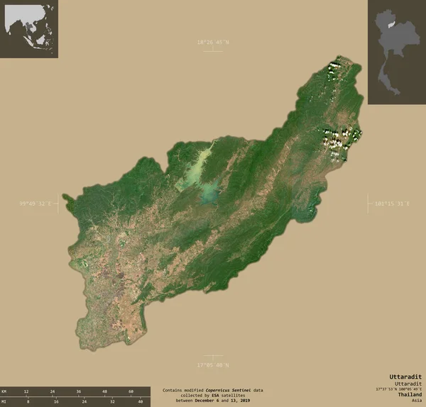 Uttaradit Provincia Tailandia Imágenes Satelitales Sentinel Forma Aislada Sobre Fondo — Foto de Stock