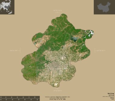 Pekin, Çin Belediyesi. Sentinel-2 uydu görüntüleri. Bilgilendirici örtülerle sağlam arkaplanda izole edilmiş şekil. Değiştirilmiş Kopernik Sentinel verileri içerir