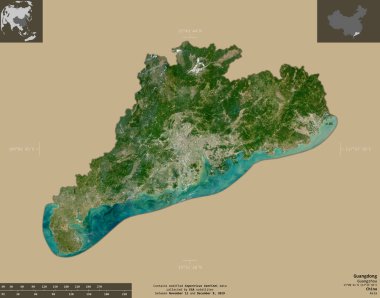 Guangdong, Çin Eyaleti. Sentinel-2 uydu görüntüleri. Bilgilendirici örtülerle sağlam arkaplanda izole edilmiş şekil. Değiştirilmiş Kopernik Sentinel verileri içerir